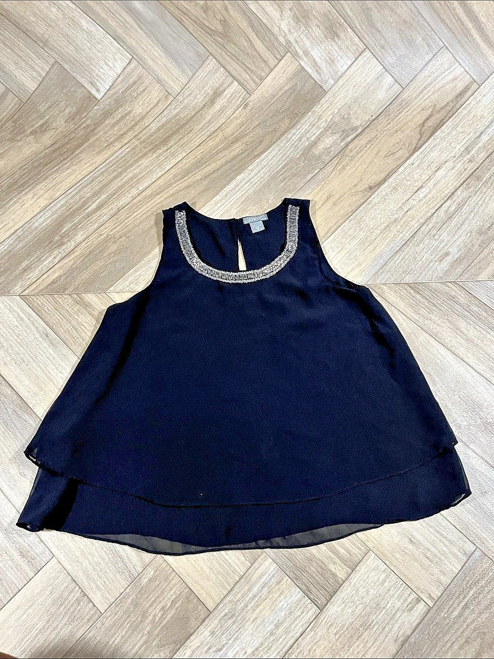 ANGIE Black Embellished Sequin Neck Sleeveless Layered Top Small